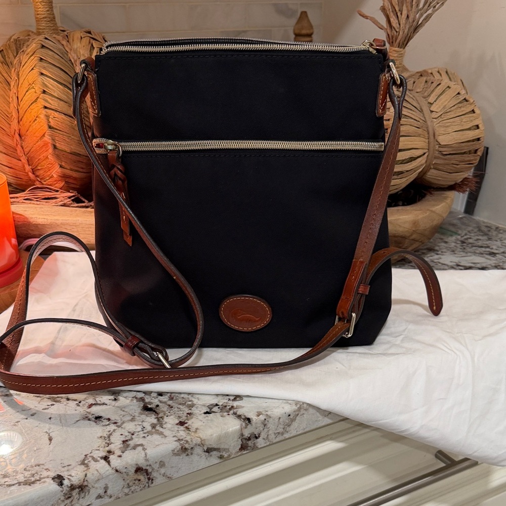 Dooney & Bourke Black Crossbody with Brown Leather Trim and Adjustable Strap